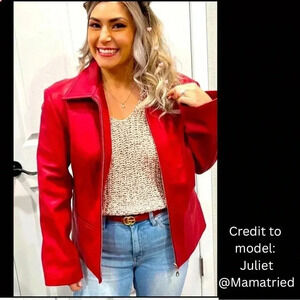 Red Leather Jacket, zip front with pockets EUC
